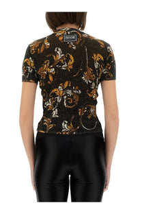 Black versace jeans couture women’s outline baroque knitted short sleeve top with gold and white ornate pattern