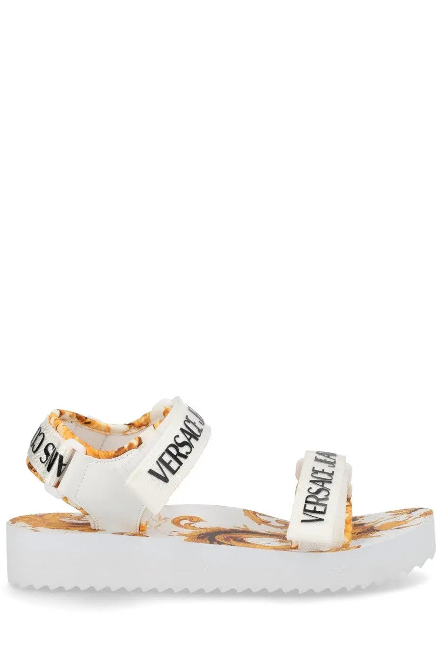 Versace Jeans Couture women’s white platform sandal with gold brown baroque sole pattern and adjustable versace embossed straps