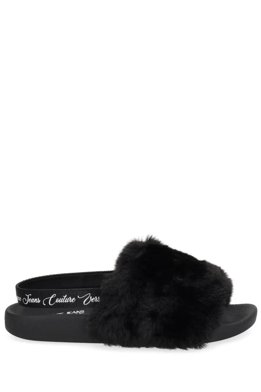 Versace jeans couture women’s black fuzzy slide sandal with plush faux fur strap and branded elastic band