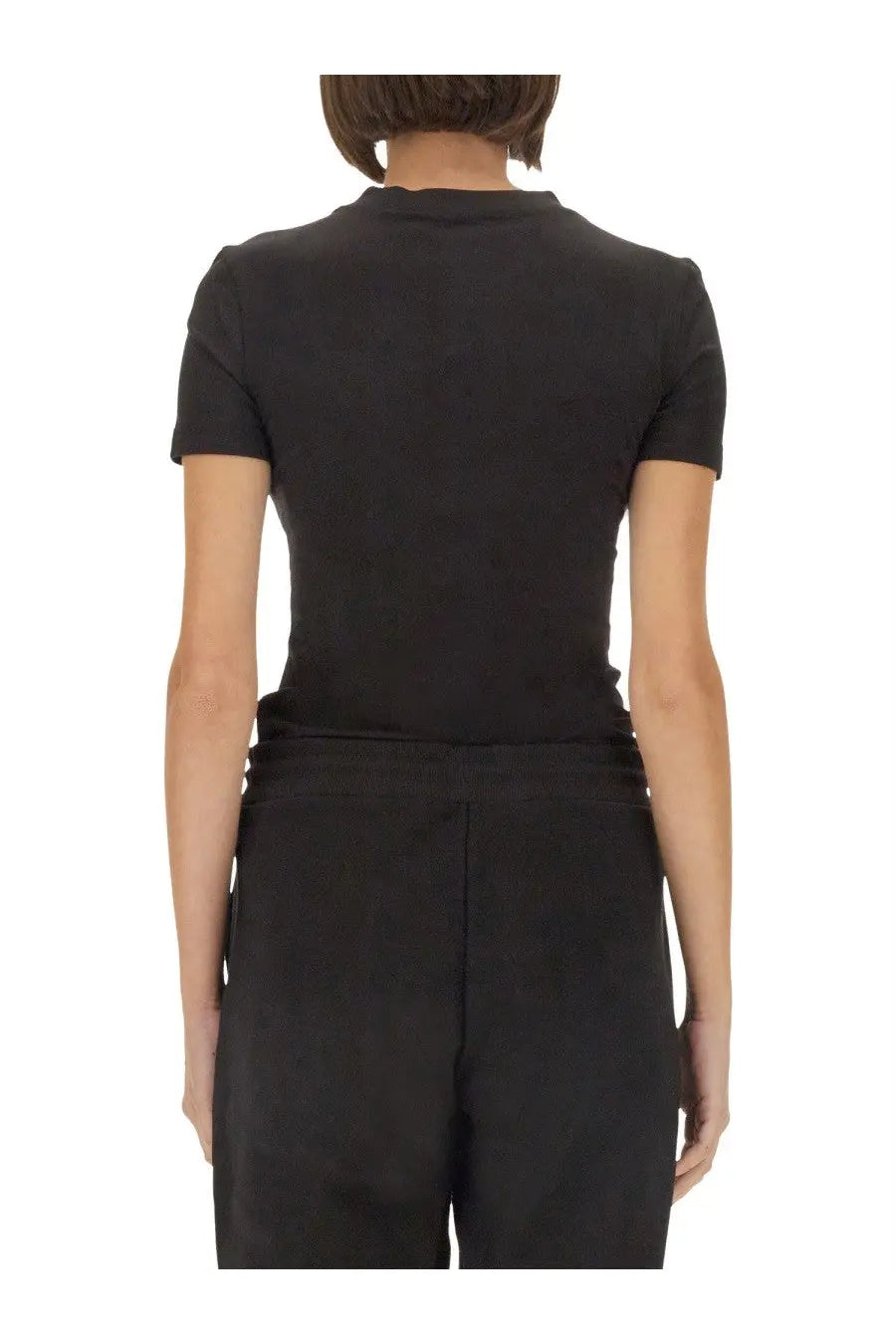 Versace Jeans Couture women’s black short-sleeved shirt with fitted silhouette and ribbed neckline