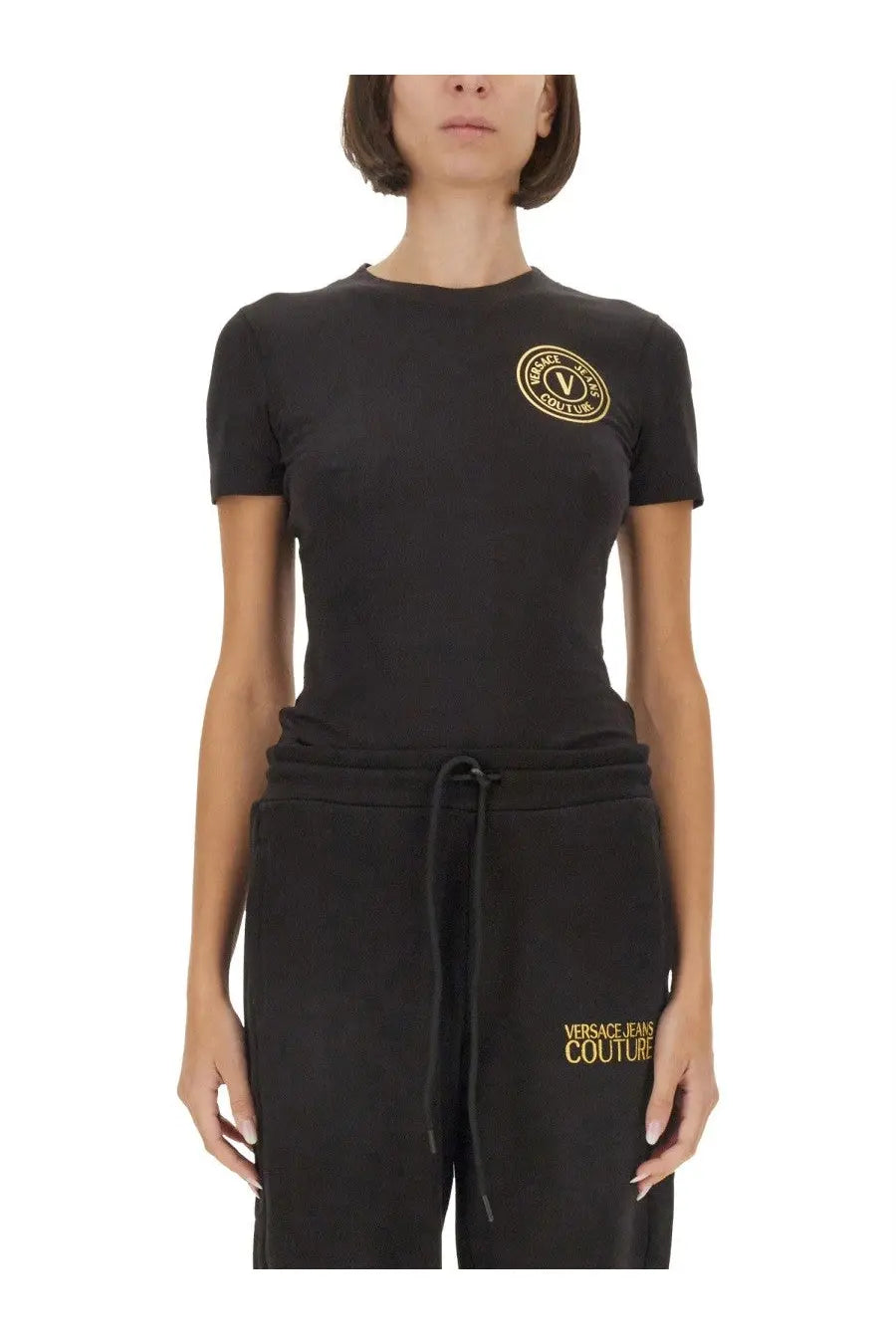 Versace Jeans Couture women’s black short-sleeved t-shirt with gold embroidered logo on the chest
