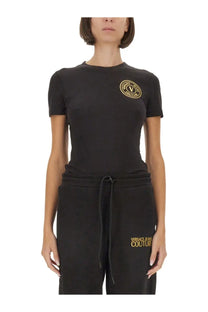 Versace Jeans Couture women’s black short-sleeved t-shirt with gold embroidered logo on the chest