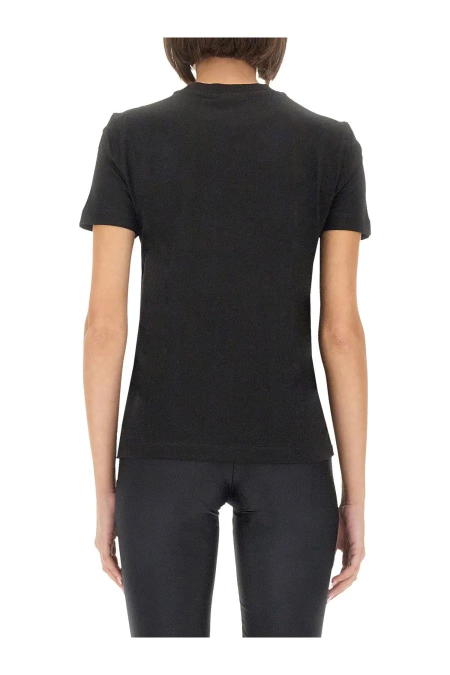 Versace Jeans Couture women’s black short-sleeved t-shirt with crew neck and subtle ribbed texture