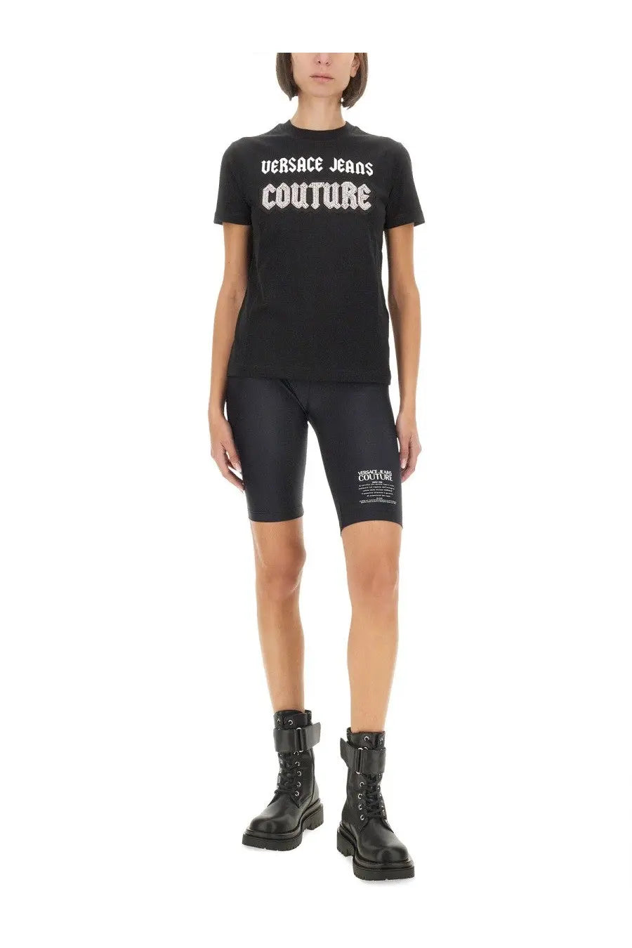 Versace Jeans Couture women’s black t-shirt featuring white gothic lettering across the chest in cotton material