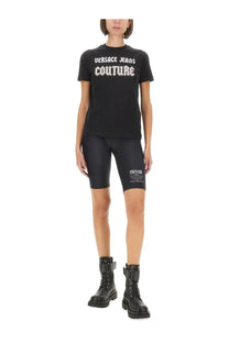 Versace Jeans Couture women’s black t-shirt featuring white gothic lettering across the chest in cotton material