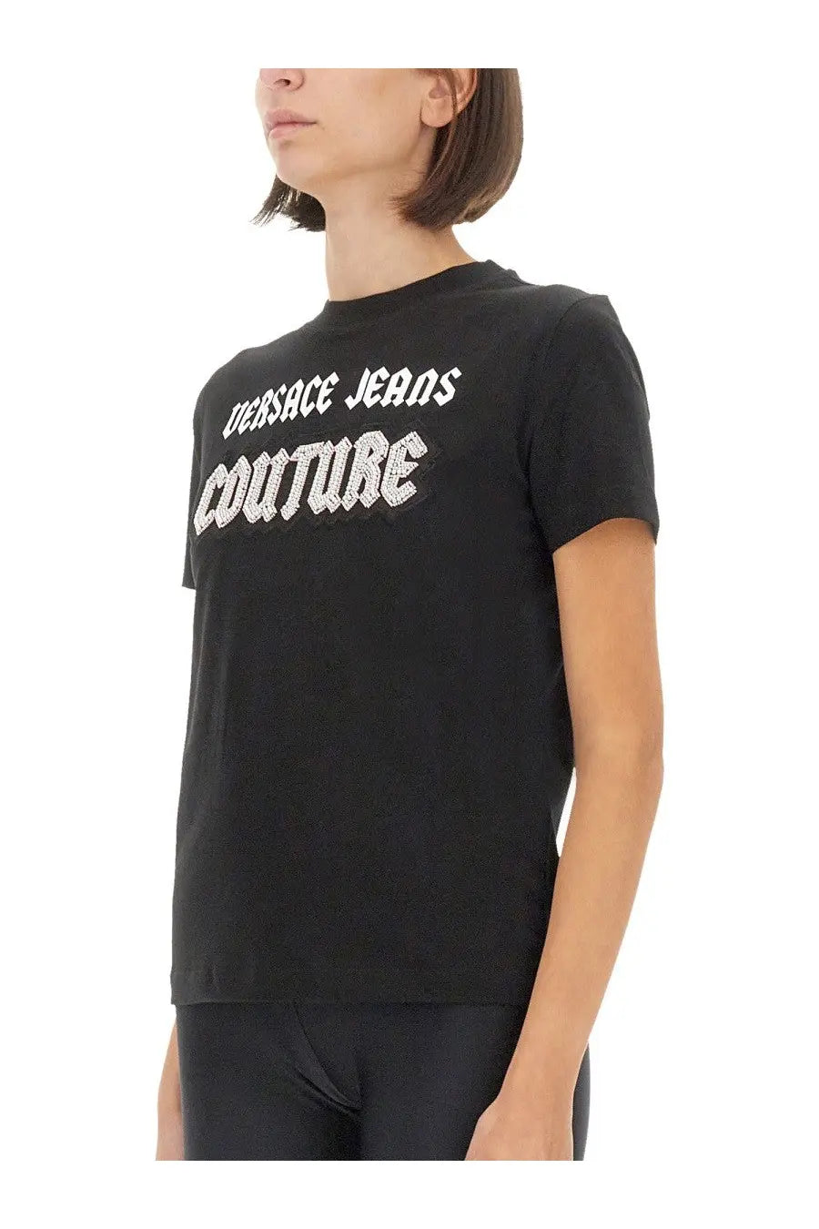 Versace Jeans Couture women’s black t-shirt with sparkling white couture lettering across the chest