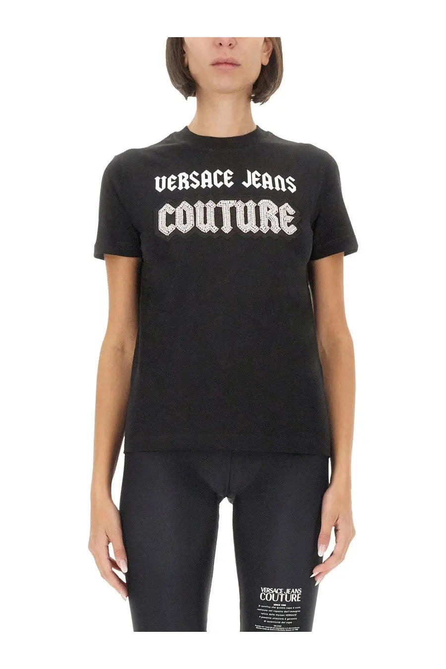 Versace Jeans Couture women’s black t-shirt with sparkling rhinestone embellished couture lettering on front