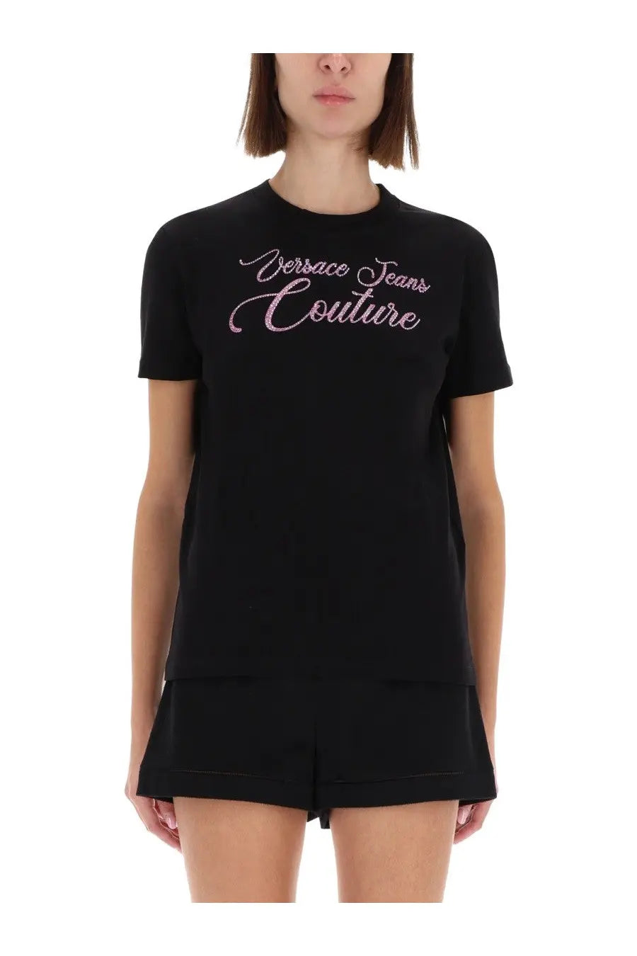 Versace jeans couture women’s black shirt with pink embroidered logo on soft cotton fabric for casual wear