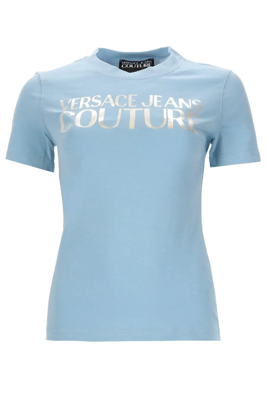 Light blue versace jeans couture women’s shirt with metallic silver lettering across the chest