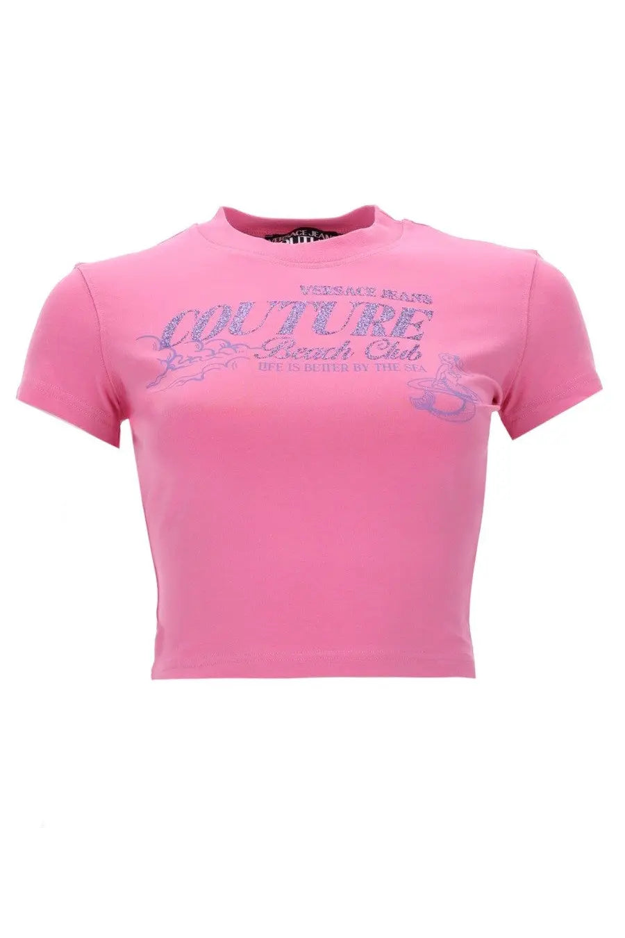 Versace jeans couture women’s pink cropped t-shirt with silver glitter couture beach club graphic