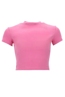 Versace Jeans Couture women’s solid pink short-sleeved crop top with rounded neckline and fitted silhouette