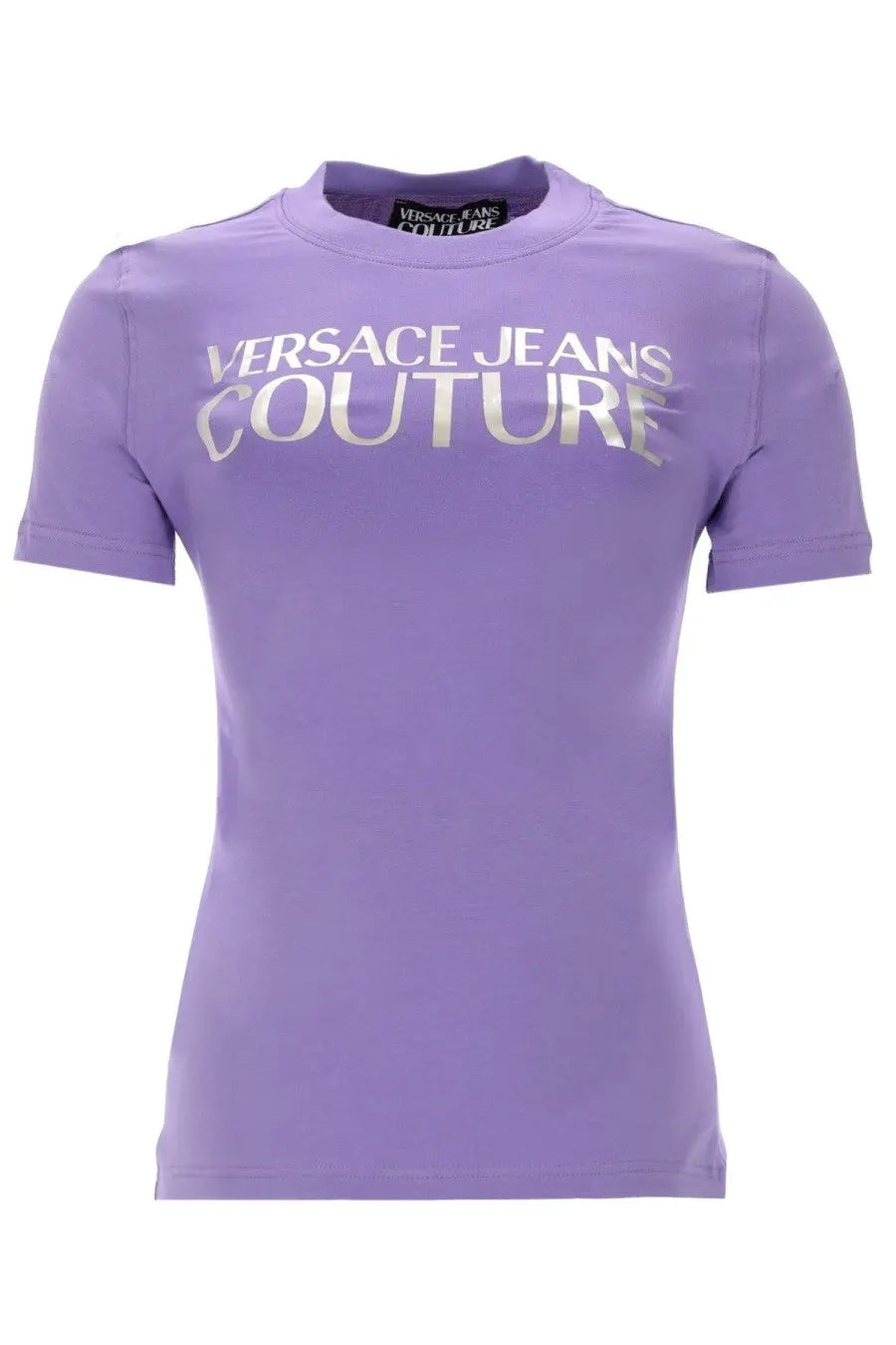 Versace Jeans Couture women’s purple t-shirt with silver metallic lettering across the chest