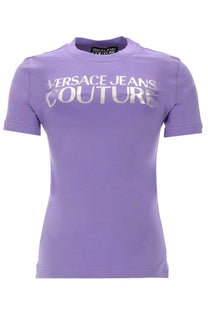 Versace jeans couture women’s purple shirt with silver metallic lettering across the chest