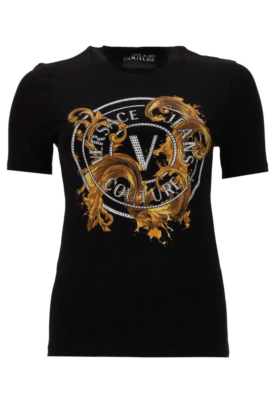 Versace jeans couture women’s black t-shirt with bold gold silver embellished logo and ornate baroque detailing