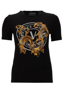 Versace jeans couture women’s black t-shirt with bold gold silver embellished logo and ornate baroque detailing