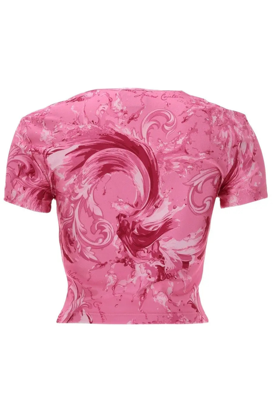 Versace jeans couture women’s pink cropped top with swirling magenta and white ornate pattern