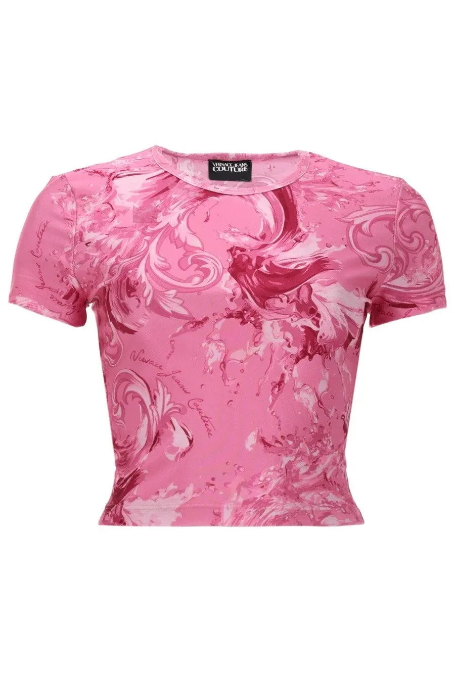 Versace jeans couture women’s cropped t-shirt with swirling marble pattern in pink and white