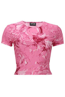 Versace jeans couture women’s cropped t-shirt with swirling marble pattern in pink and white