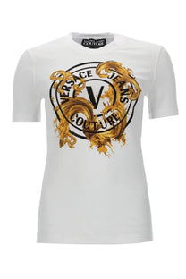 Versace Jeans Couture women’s white t-shirt with bold gold and black ornate logo design on front