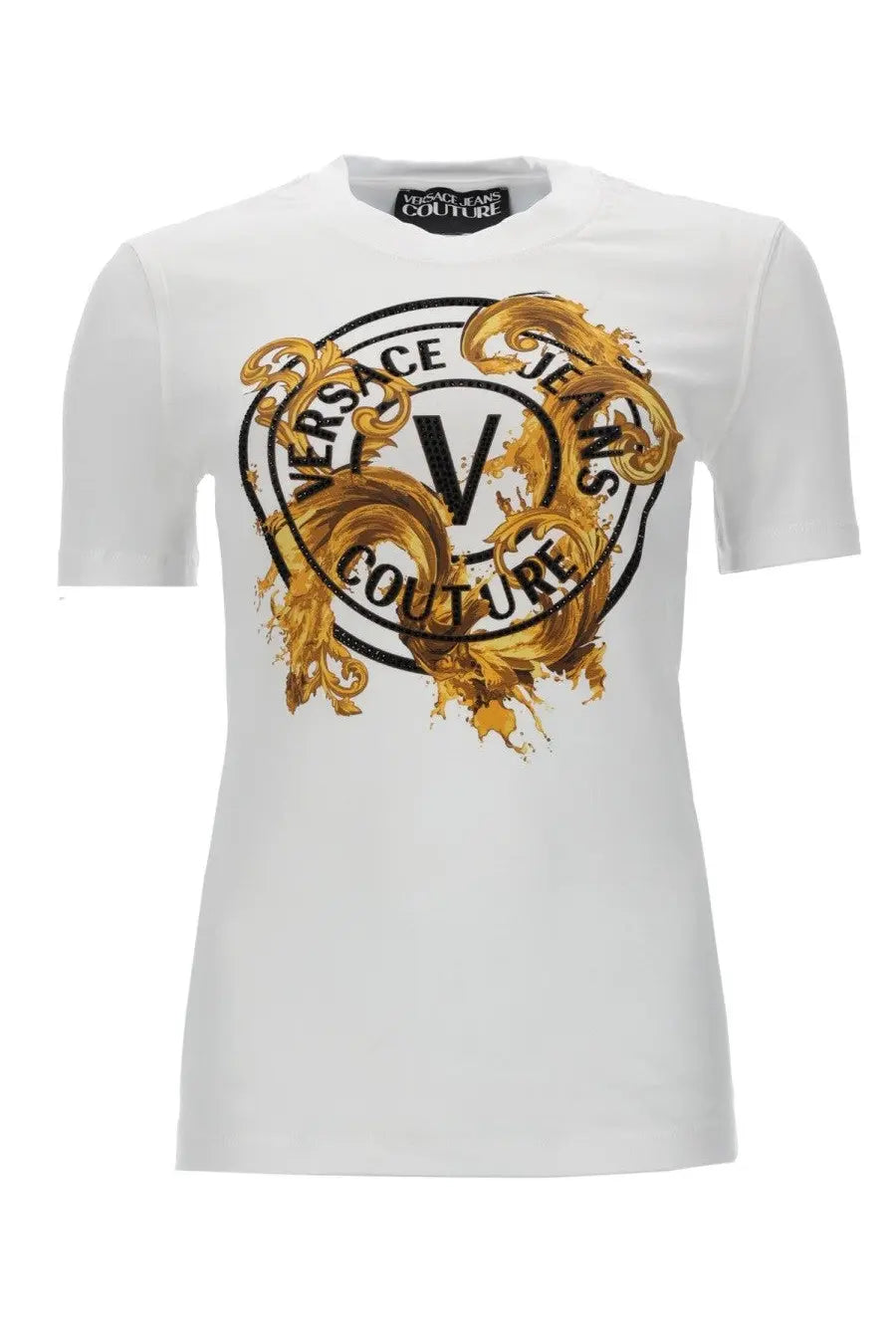 Versace jeans couture women’s white t-shirt featuring bold gold and black ornate logo design on front