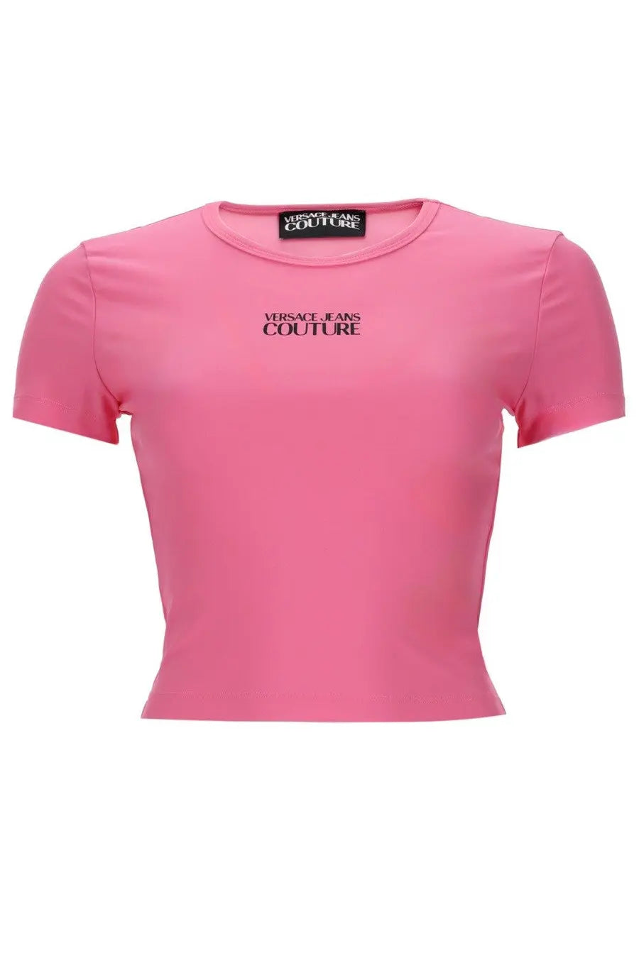 Versace Jeans Couture women’s vibrant pink short-sleeved crop top with round neckline and subtle black branding on chest