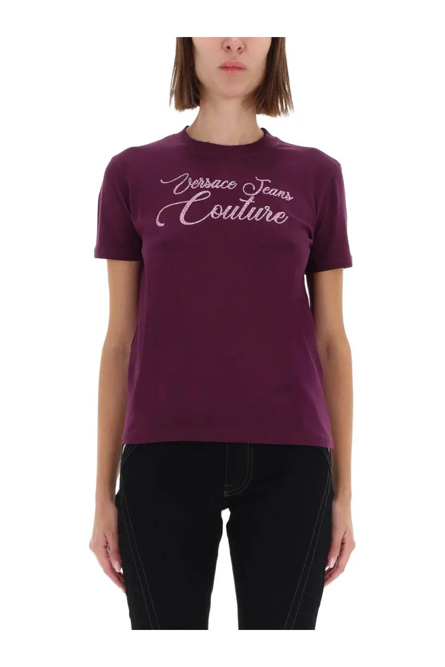 Versace Jeans Couture women’s short-sleeved deep purple t-shirt with sparkling pink embroidered logo on chest
