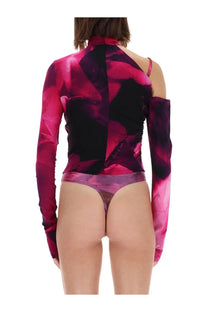 Versace Jeans Couture women’s long-sleeved magenta and black floral bodysuit with ruching and sheer mesh waistband