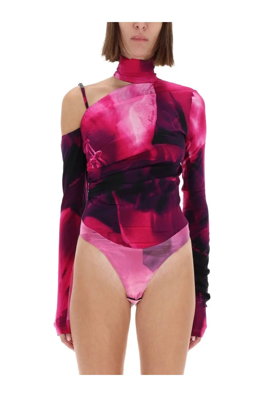 Versace Jeans Couture women’s one shoulder body top in vibrant pink and black abstract print with sheer long sleeves