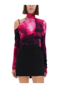 Versace Jeans Couture women’s one shoulder body top in vibrant pink and black abstract print with high neck design