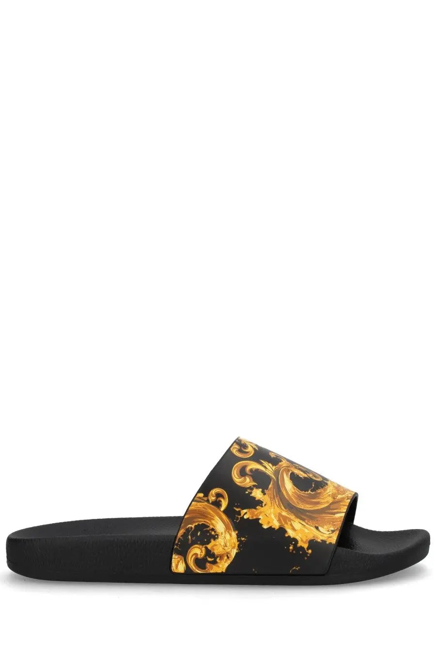 Versace jeans couture women’s black slide sandal with bold gold ornate baroque pattern across the strap