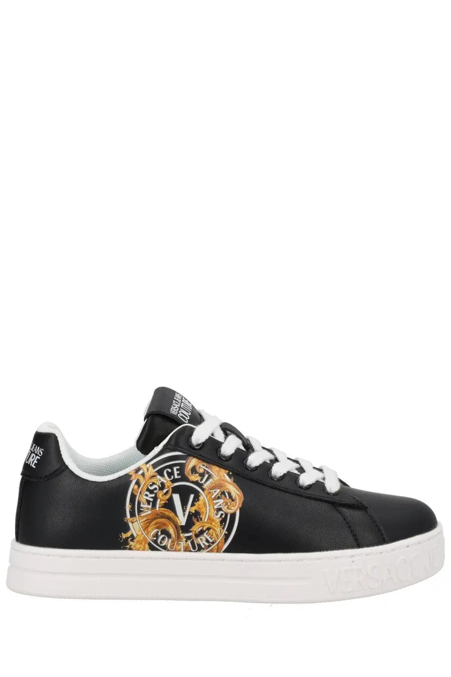 Versace jeans couture women’s low-top sneaker in black leather with gold ornate logo and white laces