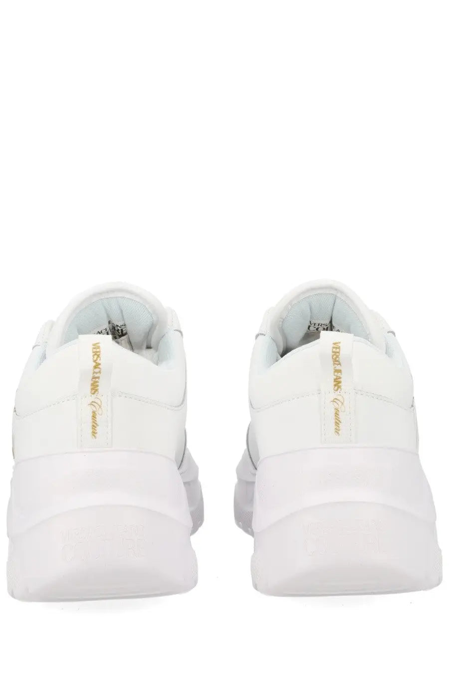 Versace jeans couture women sneaker con white showing back with white leather and gold branding on chunky sole