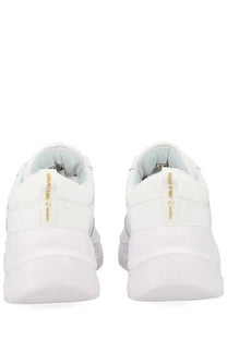Versace jeans couture women sneaker con white showing back with white leather and gold branding on chunky sole