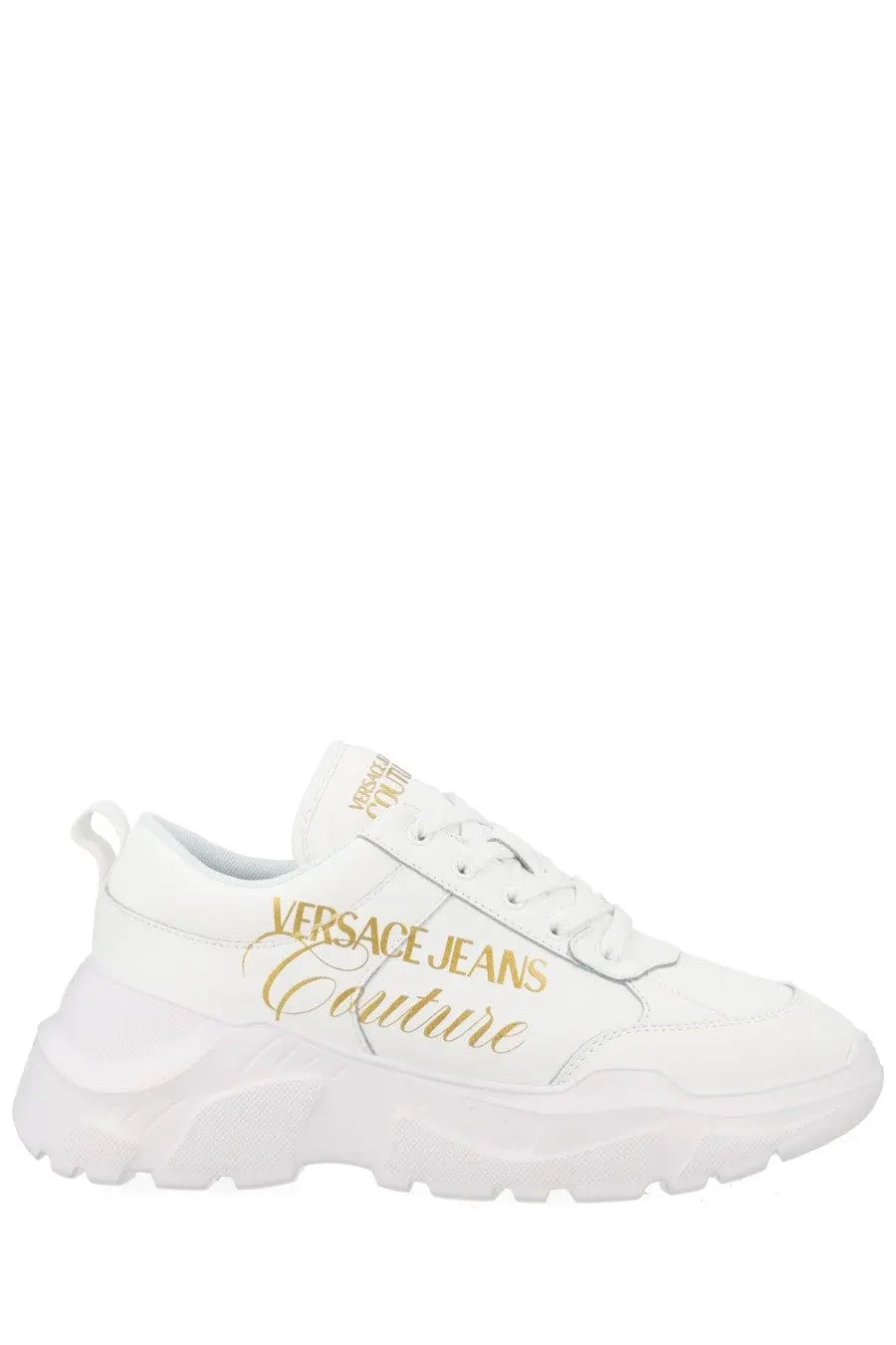 Versace jeans couture women sneaker con white with white leather gold script branding and chunky sole