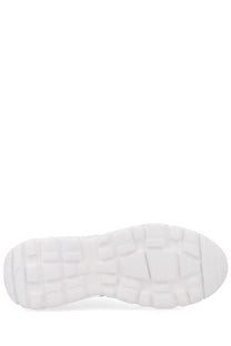 Versace jeans couture women’s sneaker con white with a white rubber sole and geometric tread pattern