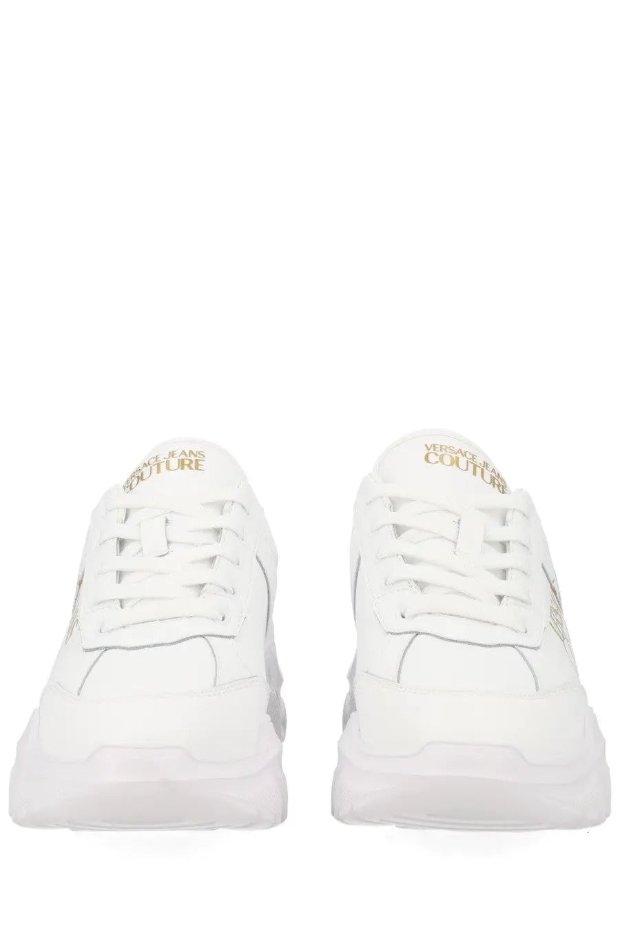 Versace Jeans Couture women’s white sneaker con with gold branding and chunky sole in leather and fabric materials