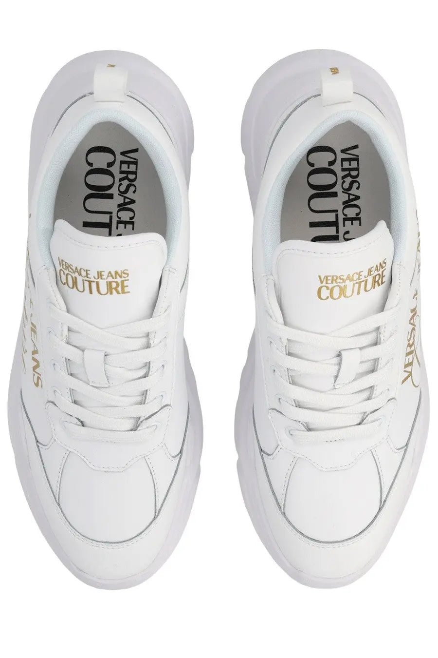 Versace Jeans Couture women’s white sneaker with gold branding and chunky sole in con white design