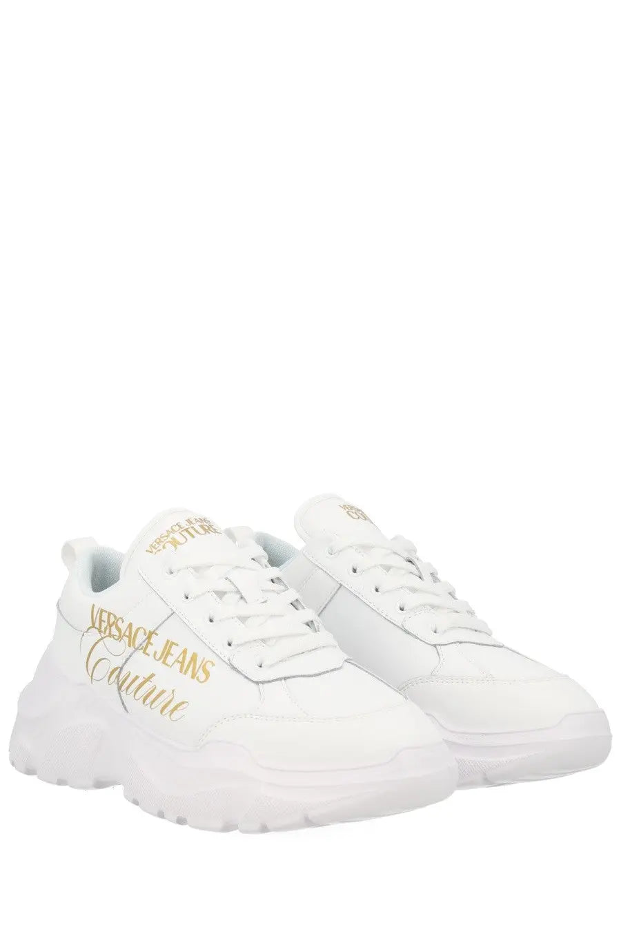 Versace Jeans Couture women’s white sneaker con with gold lettering and a chunky sole in leather and fabric