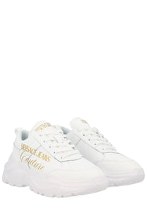 Versace jeans couture women’s white leather sneakers with gold lettering and chunky sole