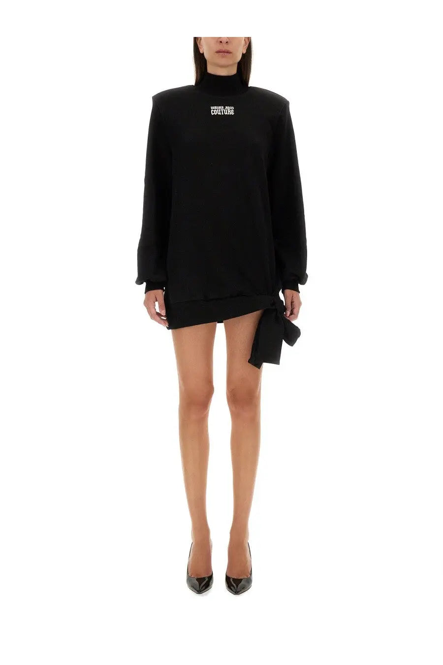 Versace Jeans Couture black oversized sweatshirt dress with high neckline and asymmetrical side tie detail