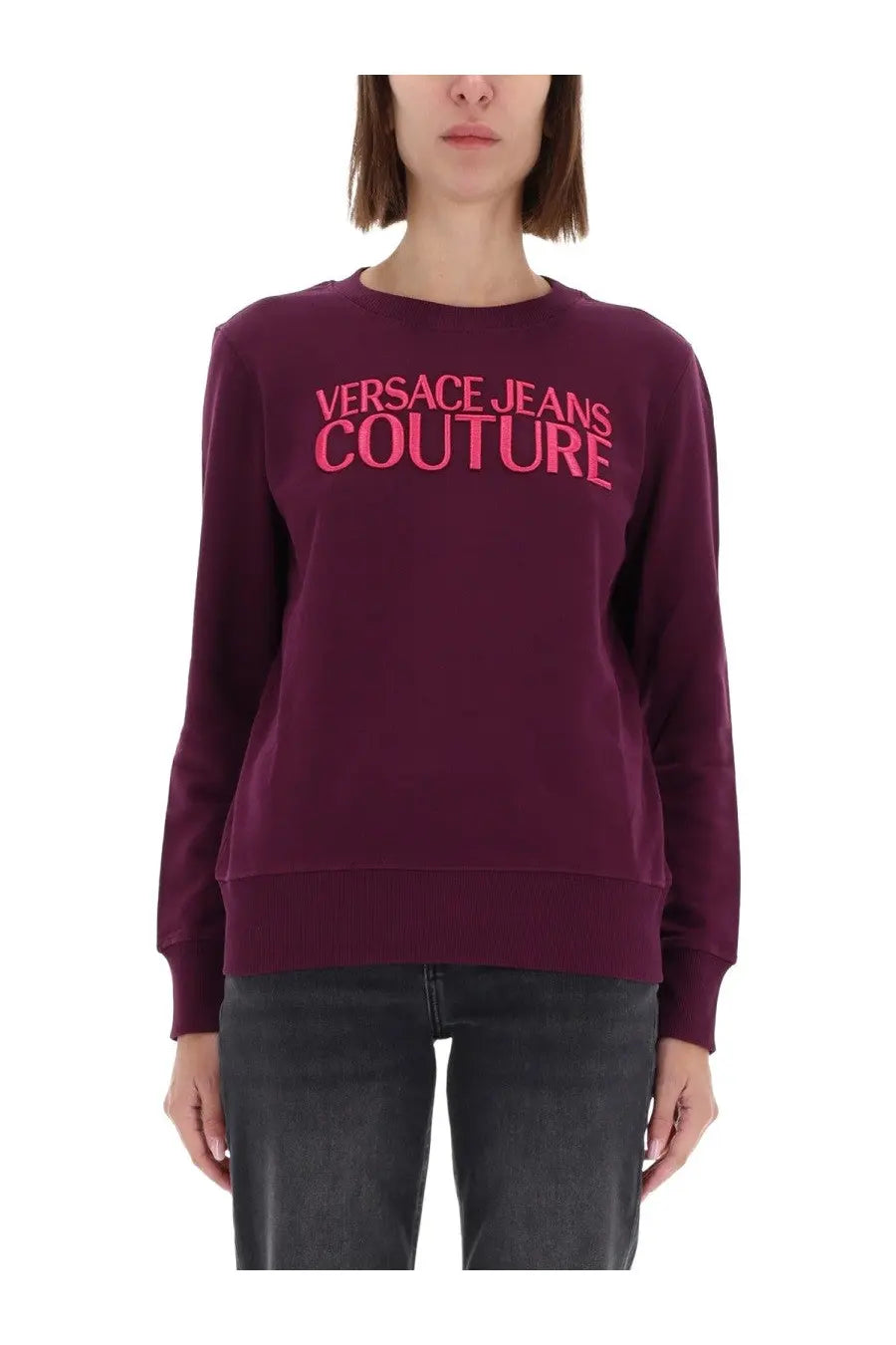 Versace Jeans Couture women’s sweatshirt in maroon with a bold pink logo across the chest for casual wear