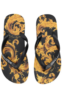 Versace jeans couture women’s thong sandal black with black straps and ornate black and gold baroque pattern flip-flops