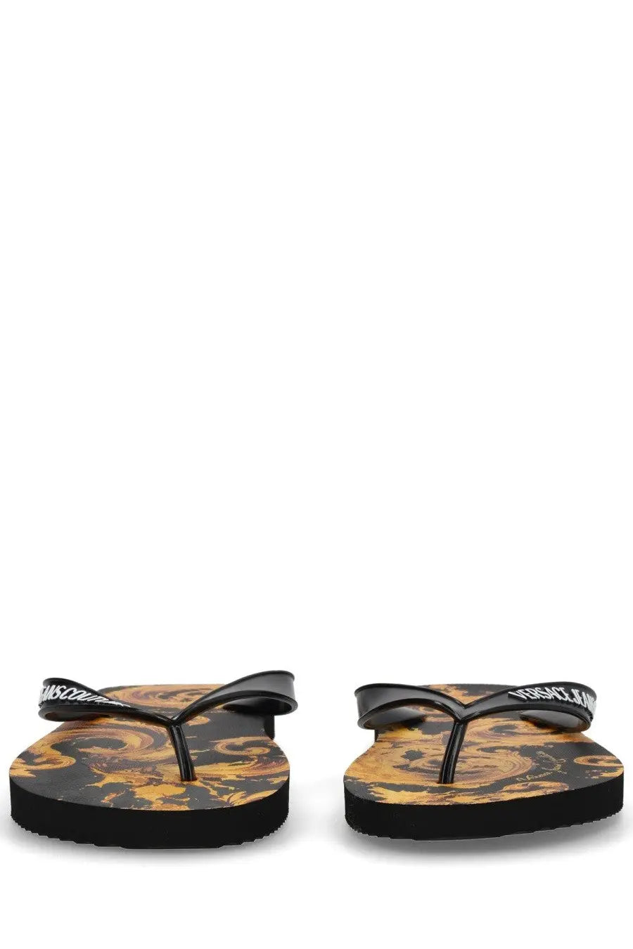 Versace Jeans Couture women’s black thong sandals with black and gold patterned glossy flip-flops and logo straps