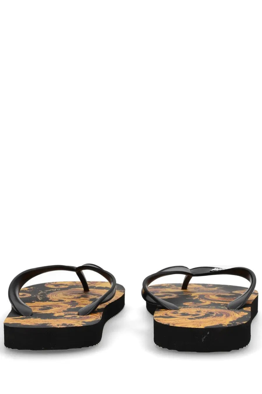 Versace jeans couture women’s black platform thong sandals with bold gold and black ornate sole pattern