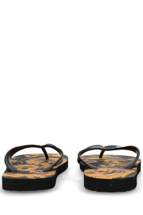 Versace jeans couture women’s black platform thong sandals with bold gold and black ornate sole pattern
