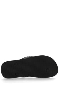 Versace jeans couture women’s black rubber thong sandal with white logo on the strap for casual wear