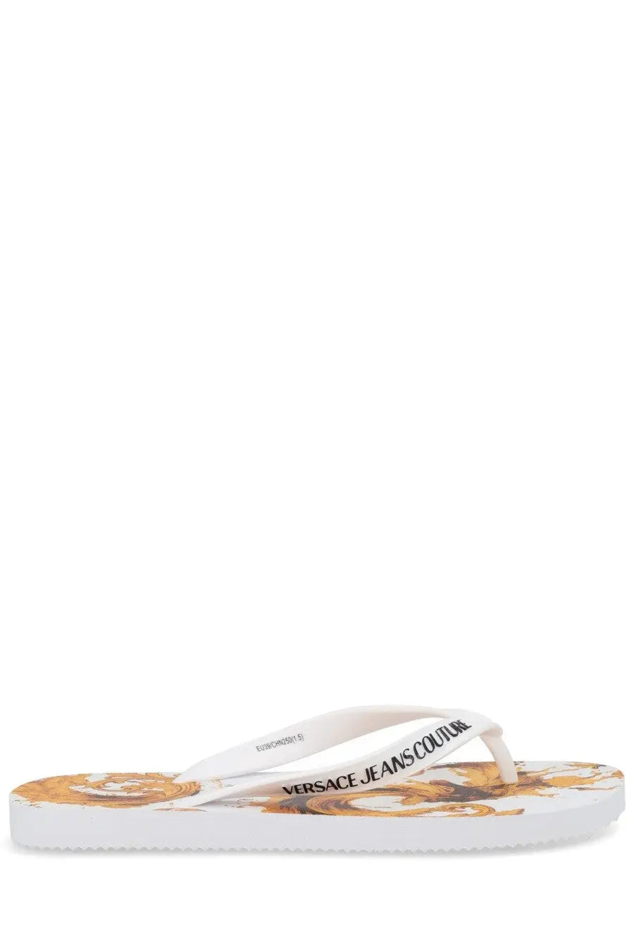 Versace Jeans Couture women’s white thong sandal with gold and brown ornate pattern and branded strap