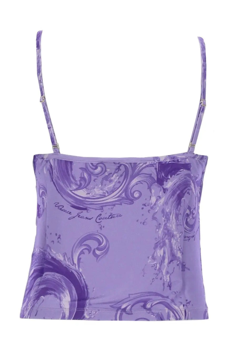 Versace Jeans Couture women’s purple viscose camisole with ornate swirling pattern and thin straps