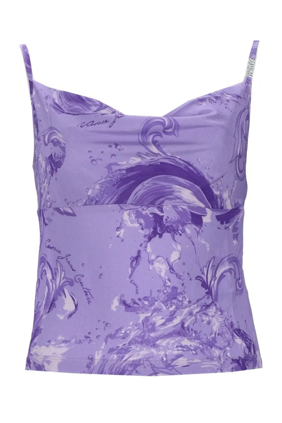 Versace Jeans Couture women’s purple satin camisole top with swirling water and script print in viscosa fabric