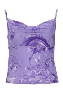 Versace jeans couture women’s top in viscosa purple satin camisole with swirling water and script print
